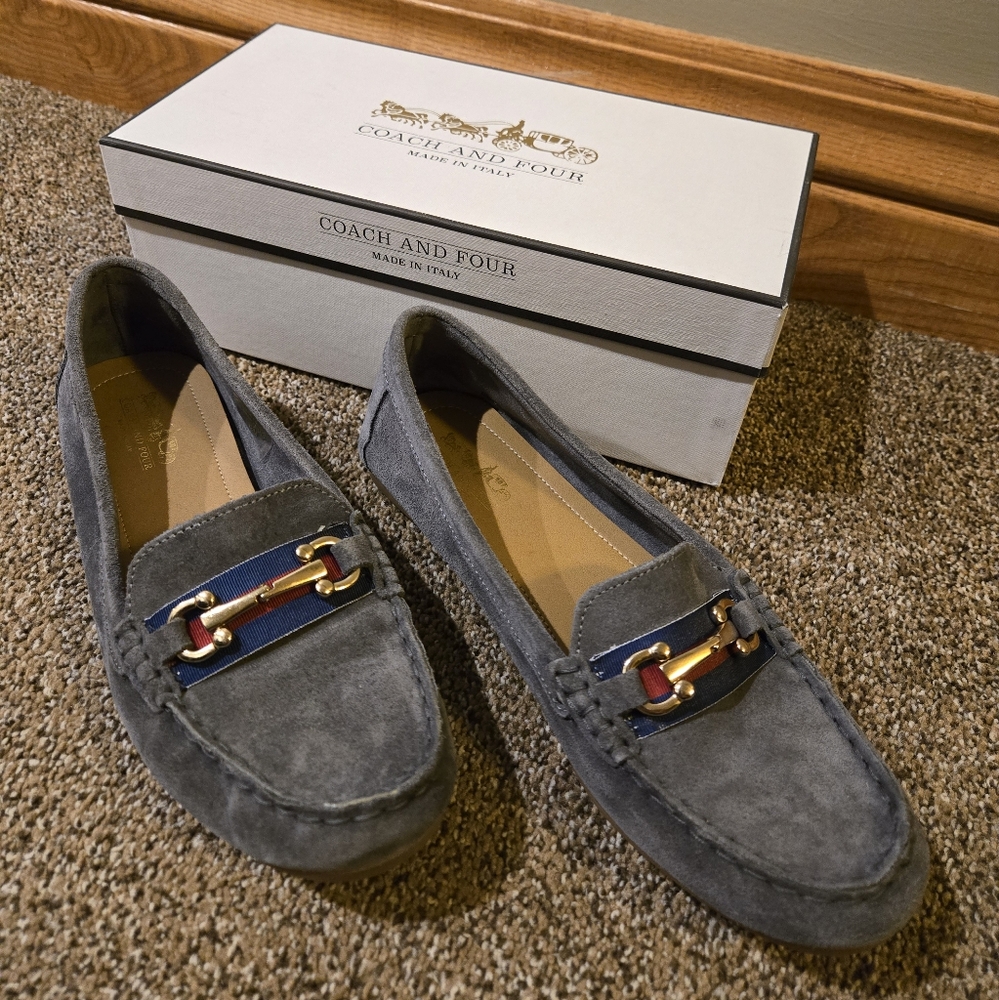 Coach and Four Gray Suede Loafers with Gold Accent